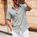 COOFANDY Men's Button Down Short Sleeve Shirt Casual Cotton Summer Beach Linen Wedding Shirts with Pocket (Gray, M)