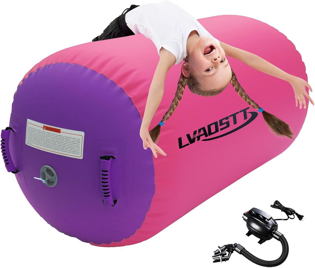 Gymnastics Tumbling Equipment Inflatable Air Barrel Tumbler Roller Backbend Trainer with Pump for Cheerleading, Yoga, Stretching & Home Gym Training (39.37inch*23.6inch, Pink+Purple)