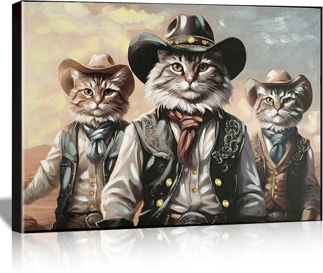 DRLWGTY Framed Canvas Wall Art, Cat in Western Cowboy Outfit, Hand-Embellished with Glitter,Abstract Animal Large Poster for Bedroom, Living Room Wall Decor, Ready to Hang (Cat, 28 * 40 in, Framed)