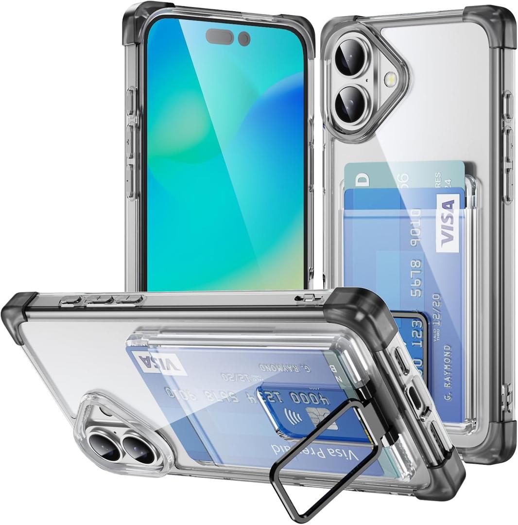 Wallet Case for iPhone 16 6.1 inch with Card Holder Slot Built-in Kickstand Stand Shockproof Slim Hard Back Cover Soft TPU Bumper Translucent Black