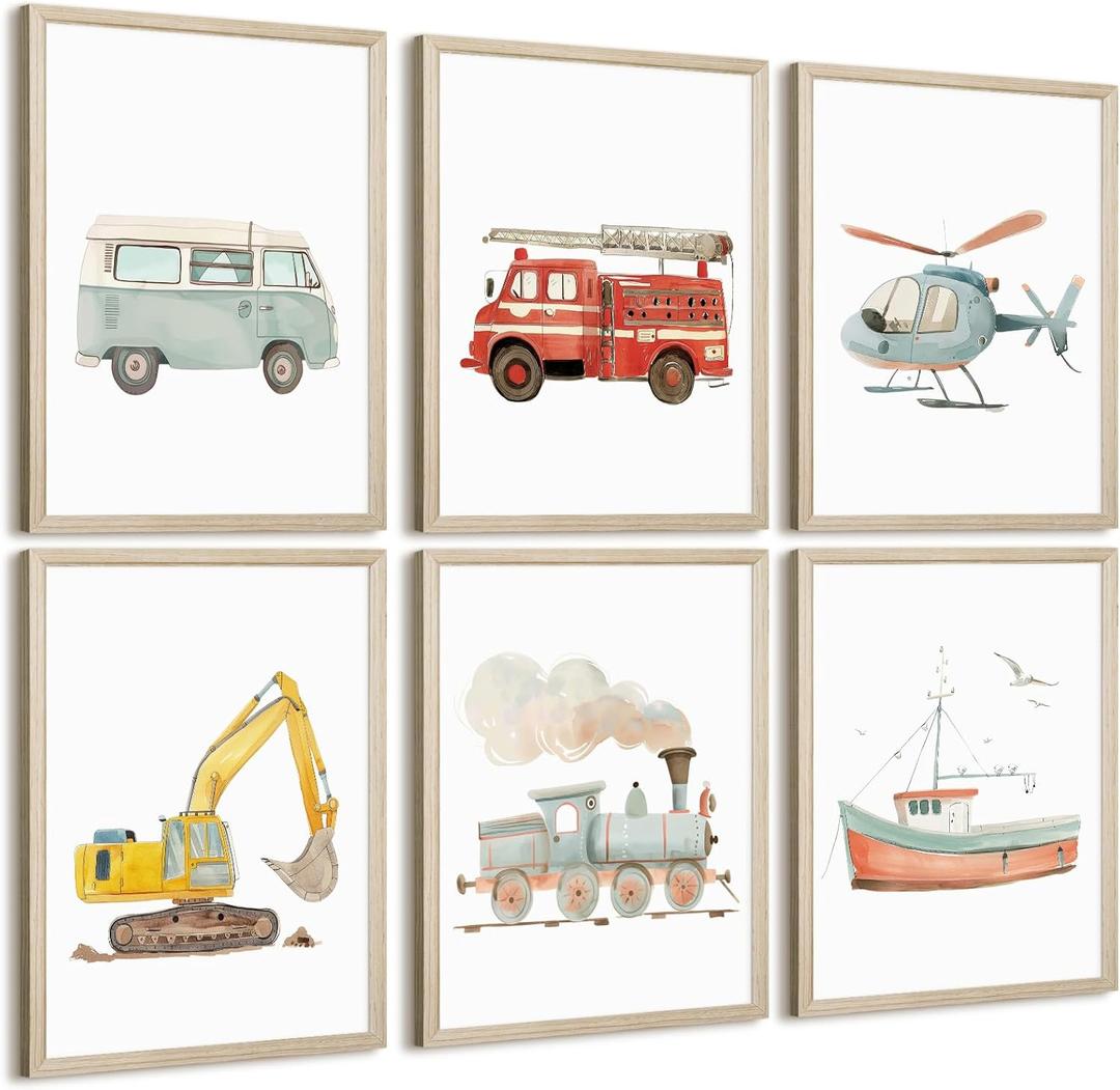 Car Wall Art Boys Room Canvas Wall Decor Nursery Prints Transportation Vehicle Wall Art Kids Toddler Posters Construction Truck Picture Boy Nursery Artwork for Bedroom Playroom 8x10 Inch Framed 6Pcs