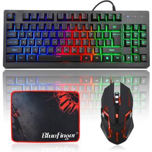 BlueFinger RGB 87 Keys Gaming Keyboard and Backlit Mouse Combo, 75% USB Wired Rainbow Keyboard, Gaming Set for Laptop PC Computer Game and Work