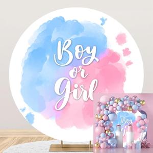 Polyester Diameter 6.5ft Round Boy or Girl Gender Reveal Backdrop Blue and Pink Watercolour Cloud Photography Background He or She Pregnancy Reveal Surprise Party Photoshoot Banner