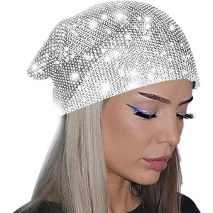 Sparkly Rhinestone Mesh Headband Crystal Head Scarf Kerchiefs Turban Party Nightclub Rave Edge Hair Bandana (Triangle-white)