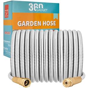 360 GADGET Garden Hose Metal - 50ft Heavy Duty Stainless Steel Water Hose with 8 Function Sprayer & Metal Fittings, Flexible, Lightweight, No Kink, Puncture Proof Hose for Yard, Outdoors, Rv