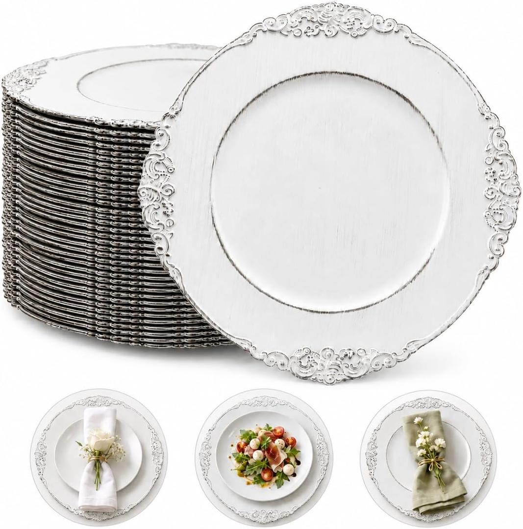 50PCS Antique White Charger Plates Bulk- 13in Embossed Reusable Chargers