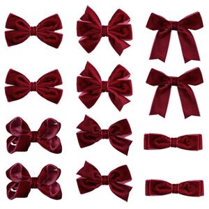 Dark Red Velvet Ribbon Hair Bows 12pcs 3 Small Burgundy Dressy Bow Alligator Clips School Uniform Decor Accessories for Teen Toddler Girls Women Christmas Valentines Xmas Gift
