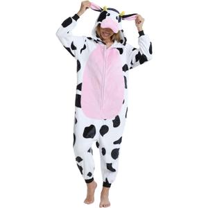 Adult Onesie Pajamas Animal One Piece Costume Halloween Cosplay for Women Men (Large, Pink Cow)