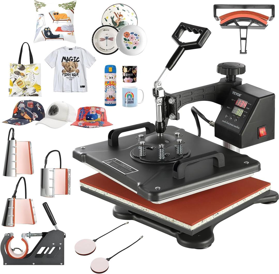 VEVOR 8 in 1 Heat Press Machine Combo, 360 Swing Away Tshirt Press Machine for Printing Hat Mug T Shirts Cap, 12x15 Digital Multifunctional Sublimation Heat Transfer Machine