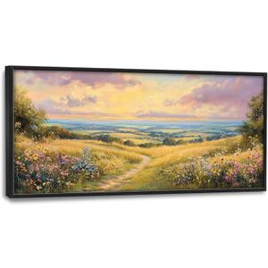 Framed Large Rustic Wall Art for Living Room, Oversized Farmhouse Countryside Nature Landscape Wall Decor Wildflower Field Canvas Painting Floral Pictures Modern Artwork for Bedroom Office 60"x30"