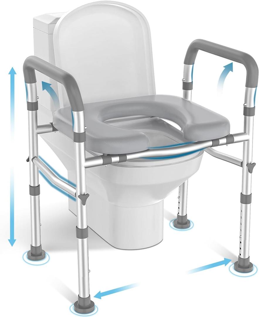 Raised Toilet Seat with Handles for Elderly, Toilet Seats Risers for Seniors,Adjustable Height & Width 400 lb Handicap Pregnant Elavted Toilet Seat Chair, Fits Any Toilet (Silver)