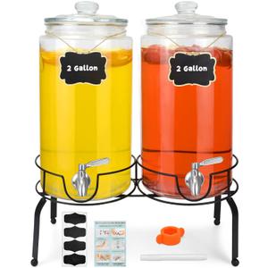 Gallon Beverage Dispenser, Stainless Steel Spigot Drink Dispenser for Parties with Stand, Clear Glass Drink Container Easy to Refill and Clean