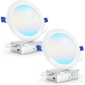 Sunco 6 Inch LED Recessed Light, Canless Ceiling Lights Slim with Junction Box, 1200 LM, 14W (100W Equivalent), Selectable CCT 2700K/3000K/4000K/5000K/6000K, Dimmable, Wafer Thin ETL 2 Pack