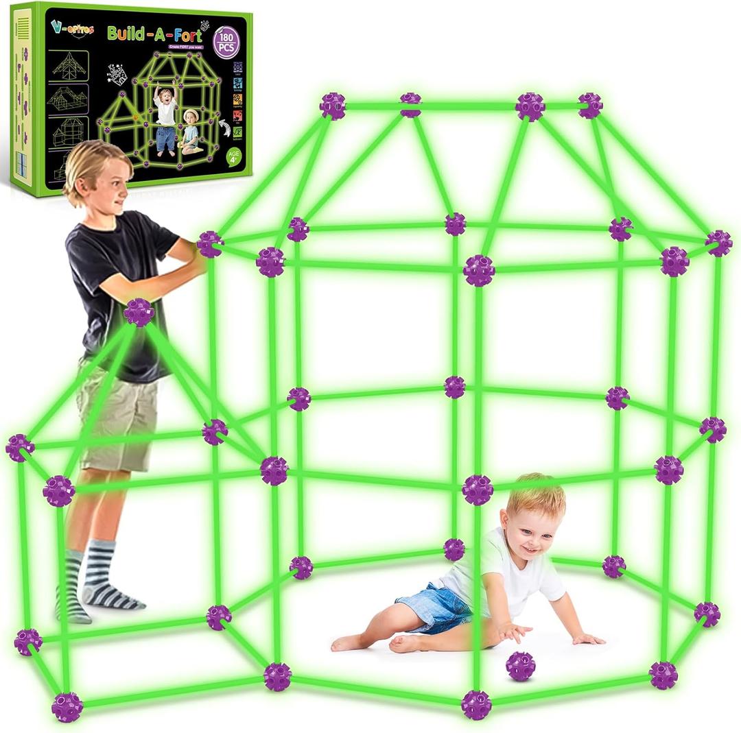 V-Opitos 180 Pack Glow in The Dart Fort Building Kits for Kids Age 4, 5, 6, 7, 8+ Years Old, STEM Building Toys for DIY Castles, Tunnels, Ideal Christmas, Birthday Gifts for Boys & Girls