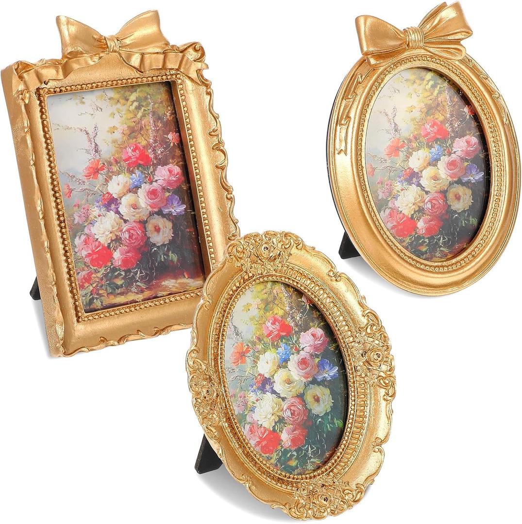 3Pcs Small Vintage Picture Frames, 2.5 x 3.5 Inch Gold Vintage Baroque Mini Gold Frames, Oval Rectangle Ornate Table Top Display Frame for DIY Jewelry Display Photography Mobile Photo Wedding Decor