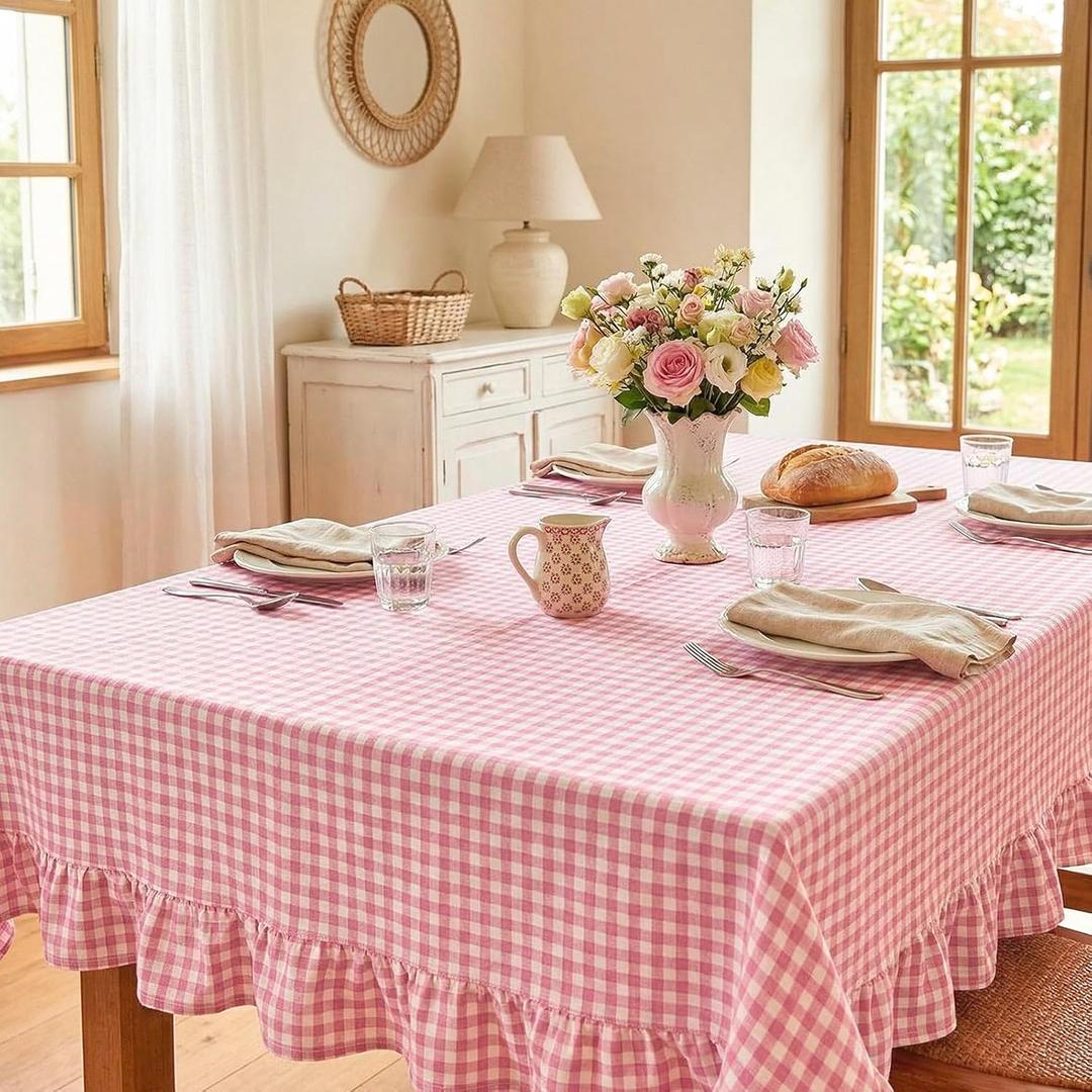 Mindsoft Light Pink Gingham Ruffled Tablecloth 70 x 52 Inches Rectangle Cotton Linen Checkered Table Cloth Buffalo Plaid Farmhouse Vintage Decorative Tablecover for Picnic Kitchen Dining Home Party