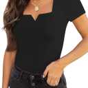 Chunpin Women's Short Sleeve Bodysuit Square Neck Notch V Neck Bodysuits Double Lined Tops Going Out Outfits Thong Bodysuits, Large