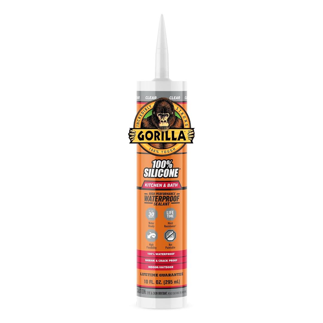 Gorilla 100% Silicone Caulk Kitchen & Bath Sealant, Mold Resistant, 10 oz. Cartridge, Clear