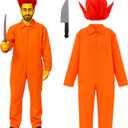 Halloween Orange Prisoner Cosplay Costume with Men's Red Wig Spiky Synthetic Short Hair and a Simulated Short Knife Prison Jumpsuit Adult Halloween Costumes for Men Jail Outfit
