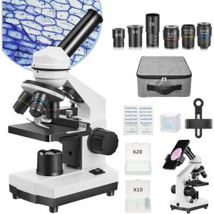 Microscope for Adults Kids Students, 40X-2000X Microscope for Beginners, Biological Microscope Kit with Phone Holder, 10pcs Specimen Slides, 20 Pcs Slides & 100pcs Coverslips, Storage Bag