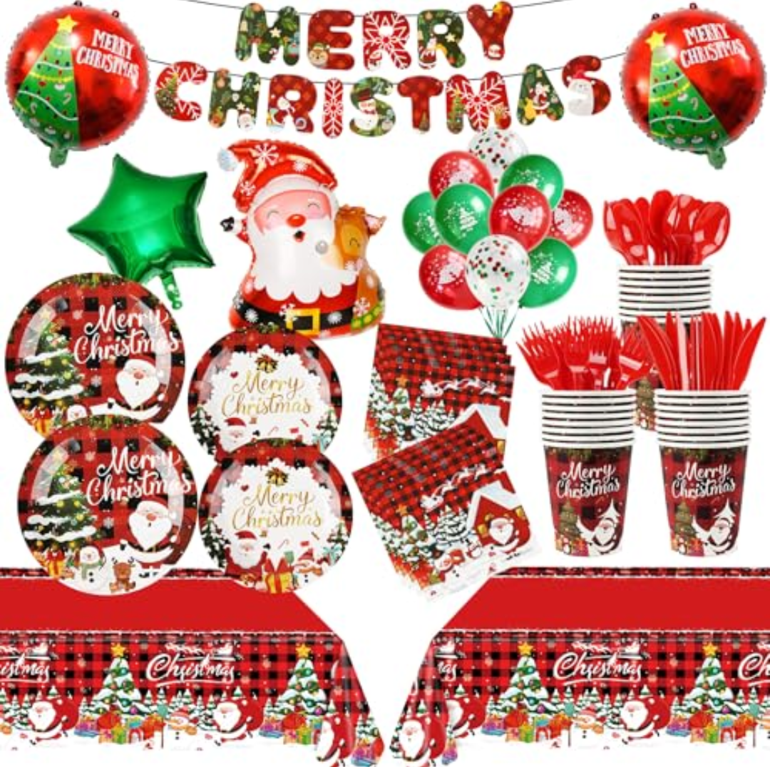 185 Pcs Christmas Party Decorations Christmas Party Supplies Tableware Set Serves 24, with Plates Napkins Cups Fork Knives Spoon Tablecloth Banner Balloons for Xmas Holiday Party Decorations