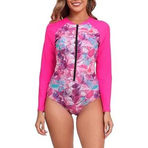 Halcurt Women's One Piece Rash Guard with Built in Bra UPF50+ Zip Long Sleeve Surfing Athletic Swimsuit, 2XL