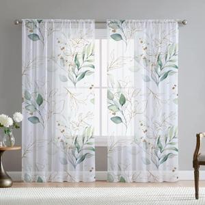 Green Eucalyptus Leaves Curtains for Living Room 96 inch Length 2 Panels Set Elegant Golden Leaf Plant Spring Printed Window Curtain Sheer Chiffon Drapes for Bedroom Living Room