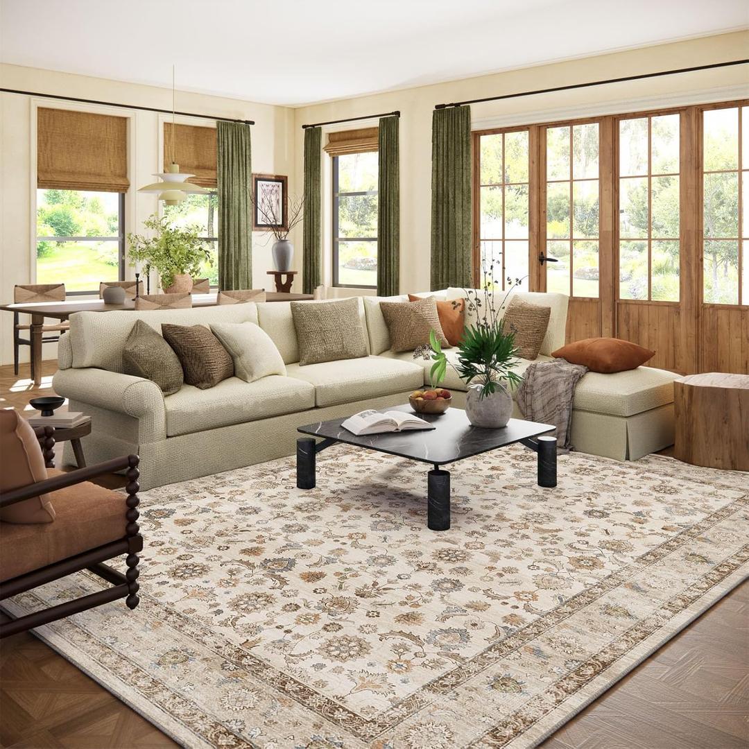 Washable Area Rugs for Living Room: 9x12 Bedroom Rug Boho Vintage Area Rug Stain Resistant Non Slip Low Pile Lightweight Soft Carpets for Dining Room Kitchen Nursery Kids Room Playroom Home Office (Beige White)