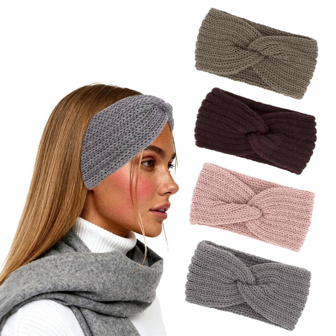 (Dark khaki & Brown & Light Grey & Pink) 4 Pack Winter Headbands for Women Stretchy Winter Headwear Ear Warmer Head Bands Outdoor Sports Fashion Hair Accessories