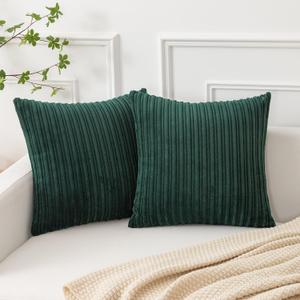 Kevin Textile Large Throw Pillow Covers for Living Room Striped Plush Green Corduroy Pillow Covers for Spring Travel, 24 x 24 Inch, Dark Green