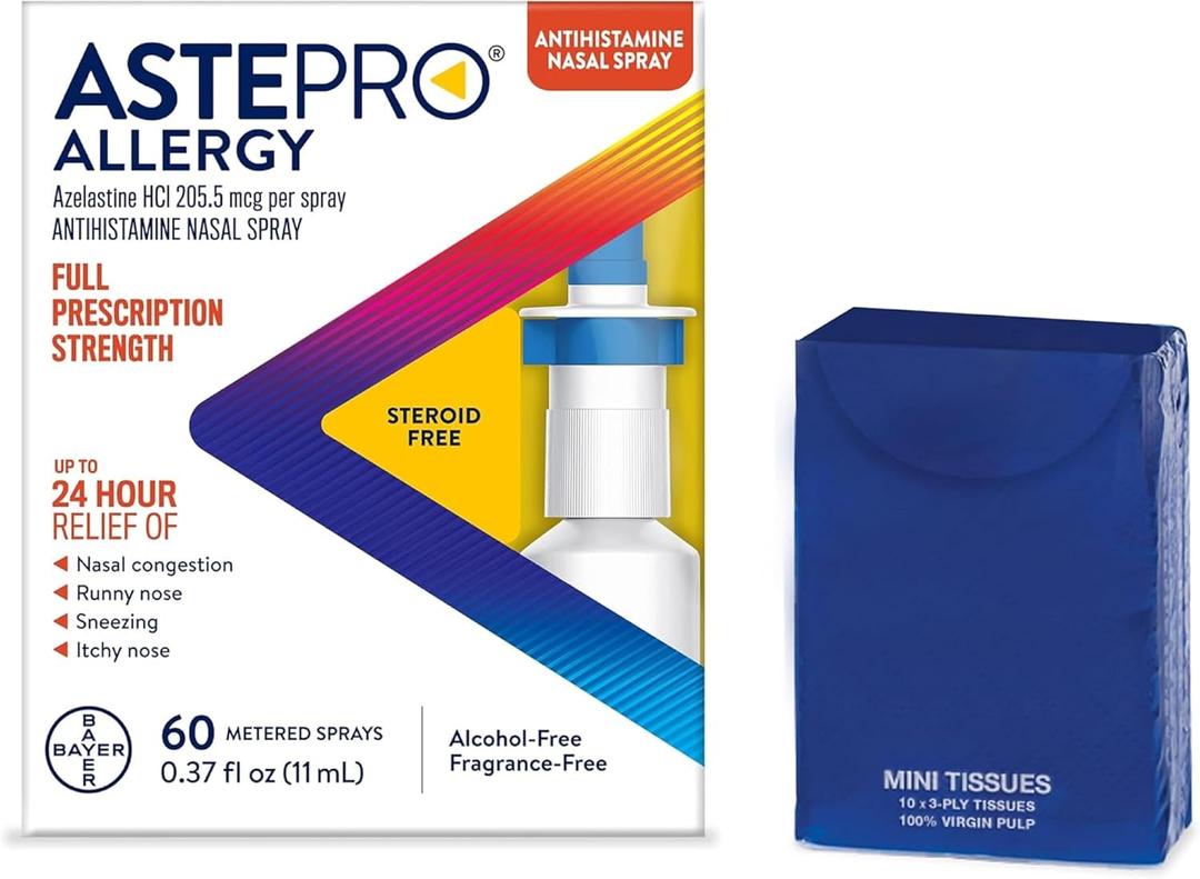 Astepro Nasal Spray and Tissue Bundle, 24-Hour Allergy Relief, Steroid-Free Azelastine HCI, Nasal Congestion, Runny & Itchy Nose, 60 Metered Sprays