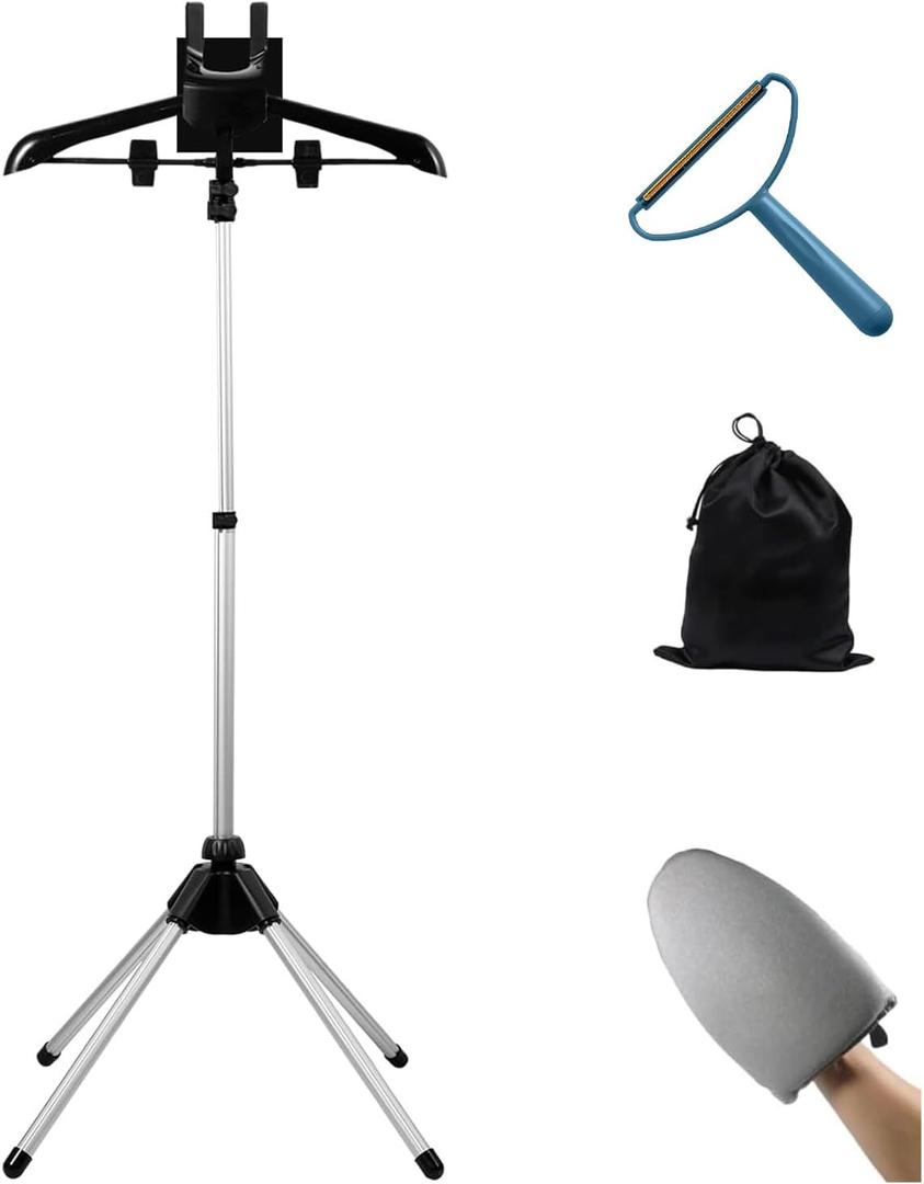 Foldable Clothes Steamer Stand with Adjustable Height & Ironing Gloves  Universal Garment Steamer Rack Compatible with Most Steamers, Portable Hanging Rack for Easy Steaming and Storage (Black)