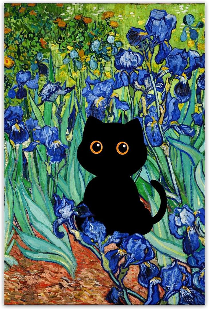 CAXIYSH Black Cat Poster Irises Garden Wall Art Abstract Flowers Canvas Pictures Famous Painting Cat Art Print for Gallery Aesthetic Room Wall Decor 16X24 inch Unframed