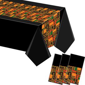 Kinlop 3 Pcs Juneteenth Tablecloth 108 x 51 Inch Kente Table Covers Plastic Disposable Table Clothes for African American Independence Celebrate Freedom Black History Kwanzaa Party Supplies(Geometric)