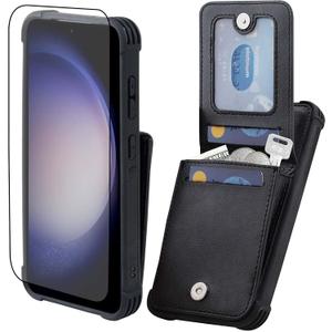 VANAVAGY Compatible for Galaxy S24 Wallet Case with Credit Card Holder, PU Leather Magnetic Clasp Kickstand Flip Phone Case with Coin Pocket Screen Protector for Women Men,Black