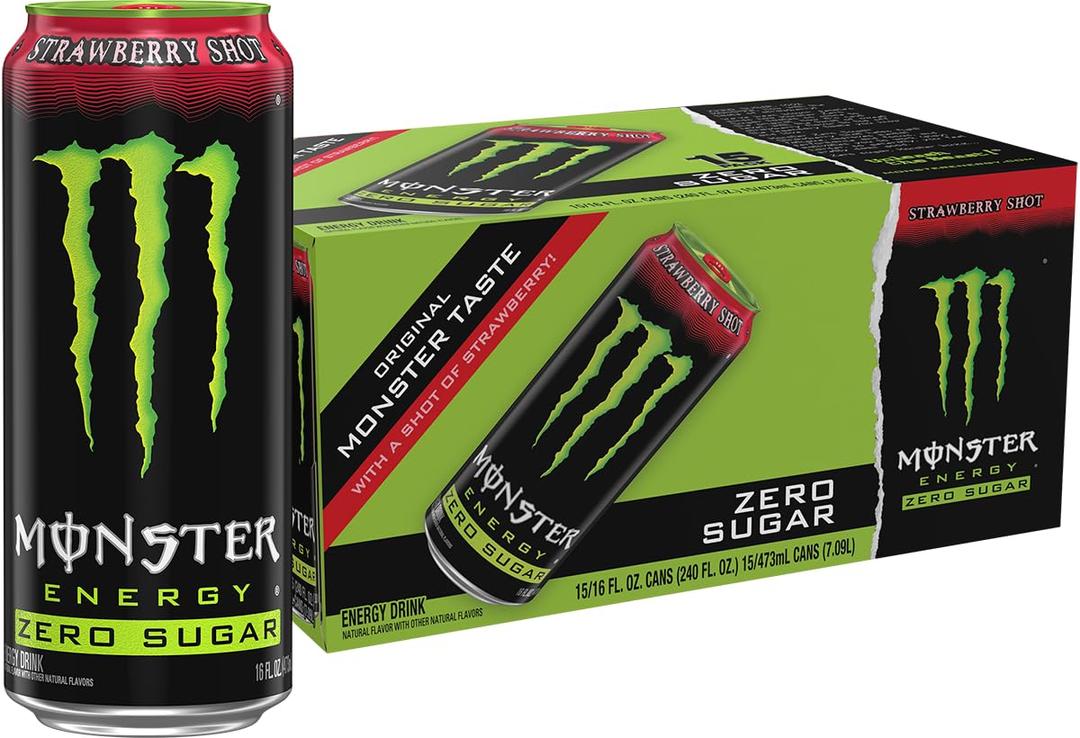 Monster Energy Zero Sugar Strawberry Shot, Green, Original, Free Energy Drink, 16 Ounce Can (Pack of 15) (EXP 10/29/26)