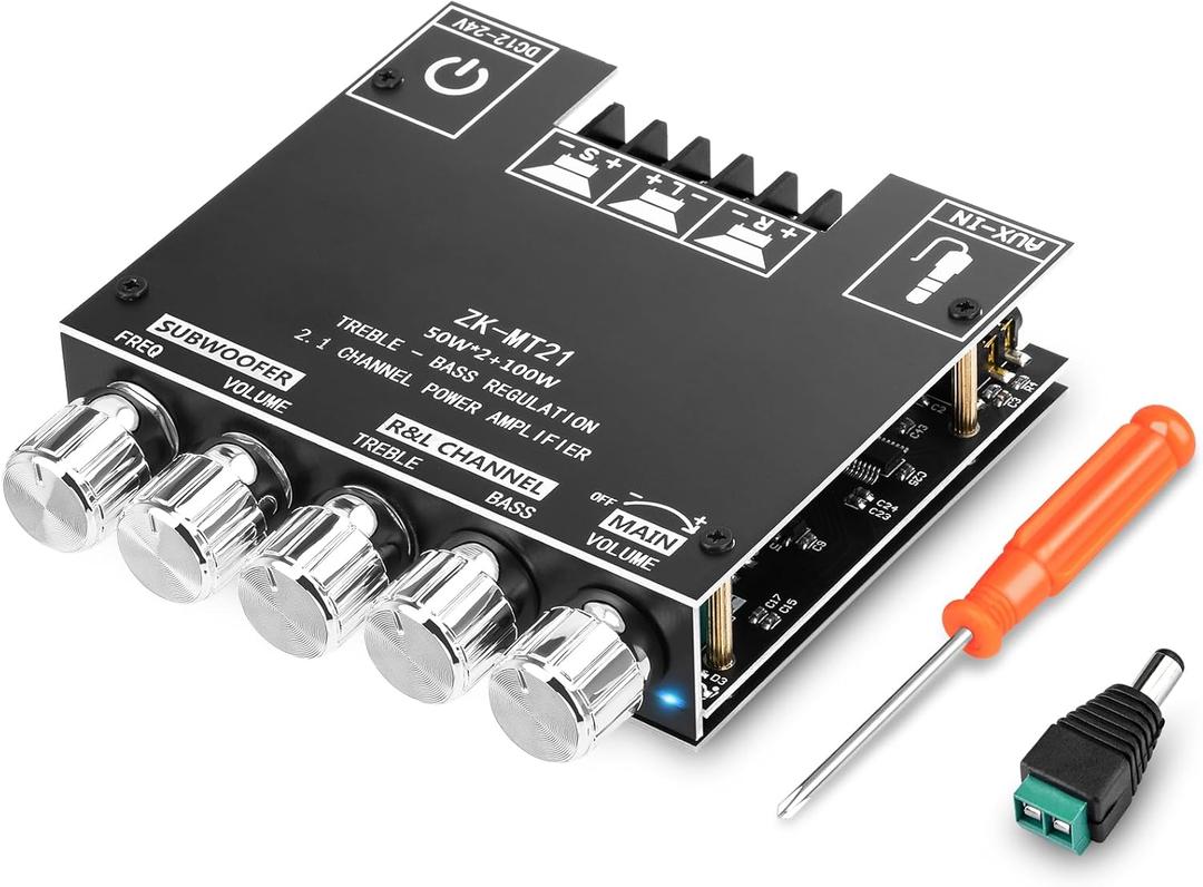 ZK-MT21 Bluetooth Amplifier Board,50W+50W+100W 2.1 Channel Subwoofer Amp Board with Treble/Bass/Sub Control,DC 9-24V, Bluetooth and AUX Inputs, DIY Wireless Speakers AMP Board, Password Free