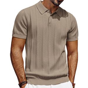 PJ PAUL JONES Mens Polo Shirts Short Sleeve Textured Knit Polo Shirt Ribbed Casual Golf Shirts (Small, Camel)
