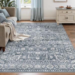 Soalmost 6x9 Area Rugs for Living Room, Stain Resistant Neutral Washable Rugs for Bedroom, Floral Vintage Non-Slip Soft Throw Carpet for Dining Room Farmhouse (Blue, 6'x9')