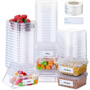 18 oz 50 Pack Small Square Deli Containers with Lids Plastic Freezer Food Reusable Meal Dessert Ice Cream Containers with Labels for Takeout Meal Storage Microwave Freezer Safe(Clear)