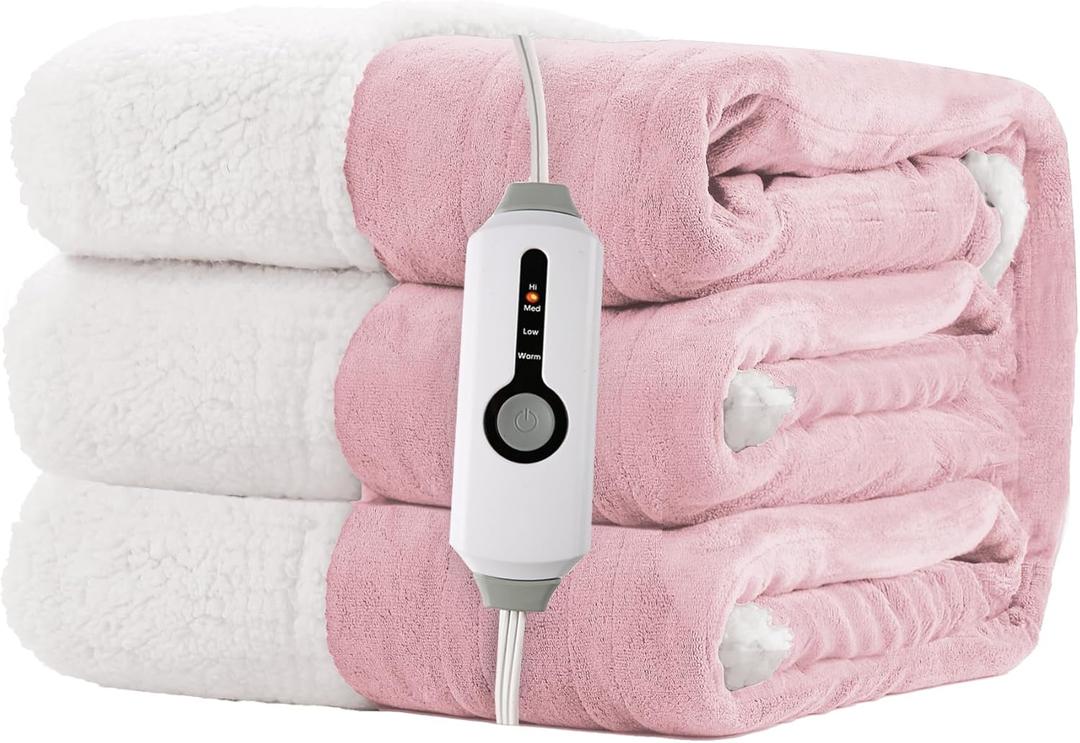 Electric Heated Blanket Throw Size 50"x60" - Dual-Sided with Microplush & Sherpa Fabric, 4 Heat Settings & 3 Hours Auto Off, Machine Washable - Pale Pink