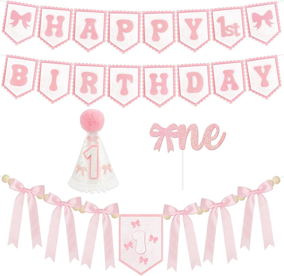 THAWAY 1st Birthday Decorations Girl - Pink First Birthday Decorations for Girl with One High chair banner, Felt Banner, Hat and Glitter Cake Topper for Baby Girl Birthday Photoshoot Props