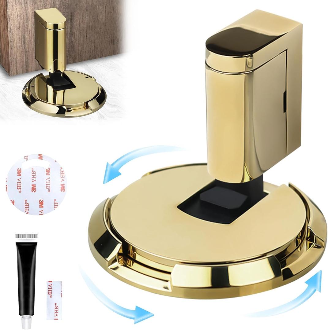 Magnetic Door Stopper Windproof,Upgrade Punch-Free Mechanical Silent Floor Door Stop,Heavy Duty Door Stop for Bottom of Door,Magnetic Door Catch Holder to Keep Door Open,3M Adhesive & Screws (Gold)