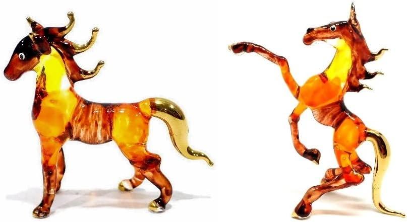 (Bundle of 2) Handmade Mini 2.5" Brown Victory and Standing Horse Figure Blown Glass Art, Miniature Wild Animals, Collectible Figurine Gift Ideas, Tiny Ornament, Cool Stuff Decor