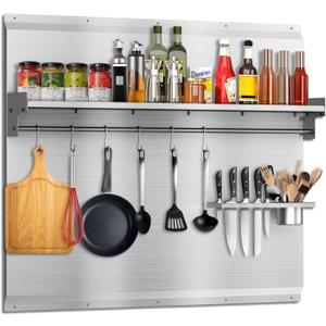 30x24 Inch Stainless Steel Stove Backsplash with Shelf, 6 Hooks & Knife Stand - Rust-Proof Kitchen Wall Protector Stainless Steel - Easy No-Drill Installation