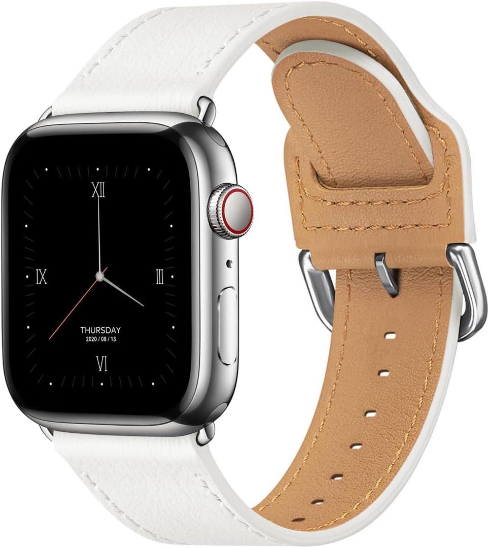 POWER PRIMACY Leather Bands Compatible with Apple Watch Band 49mm 46mm 45mm 44mm 42mm-Series 3 2 1,Genuine Leather Strap Compatible for Women Men iWatch Ultra SE Series 11 10 9 8 7 6 5 4(White/Silver)