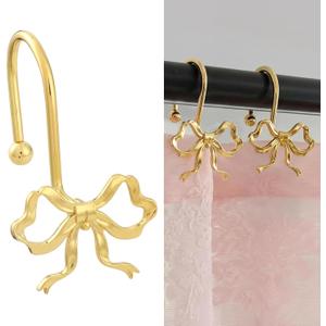 Gold Bow Shower Curtain Hooks, 12 Pack Decorative Elegant Metal Hangers, Rustproof for Standard Bathroom Rods