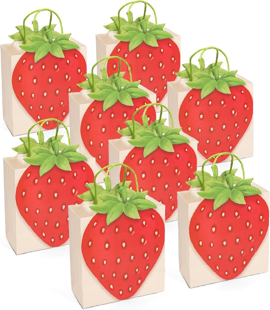 Cheerland Strawberry Gift Bags Fruit Party Favor Bags Goodie Tote Treat Paper Bags for Strawberry Shortcake First Birthday Picnic Summer Berry Theme Baby Shower Classroom Tropical Party Supplies 8pcs