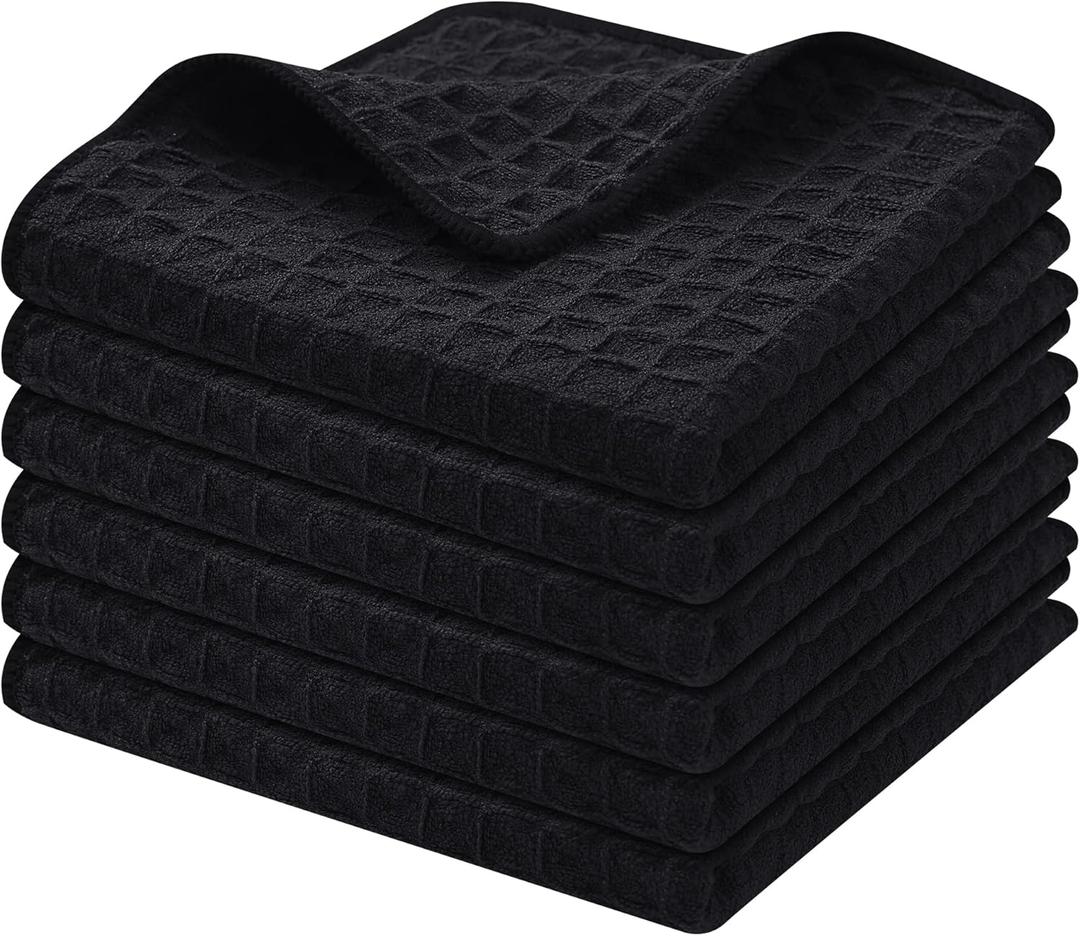 Homaxy Premium Microfiber Waffle Weave Kitchen Dish Cloths, 12 x 12 Inch Ultra Absorbent and Solid Color Dish Towels for Kitchen Fast Drying Dishcloth for Washing Dishes, 6 Pack, Black