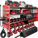 POKIPO Large Power Tool Organizer Wall Mount with Charging Station,4 Layer Heavy Duty Metal Tool Storage Shelf Loads 600lbs,Battery Utility Rack With 4 Outlet Power Strip with 8 Cordless Drill Holder